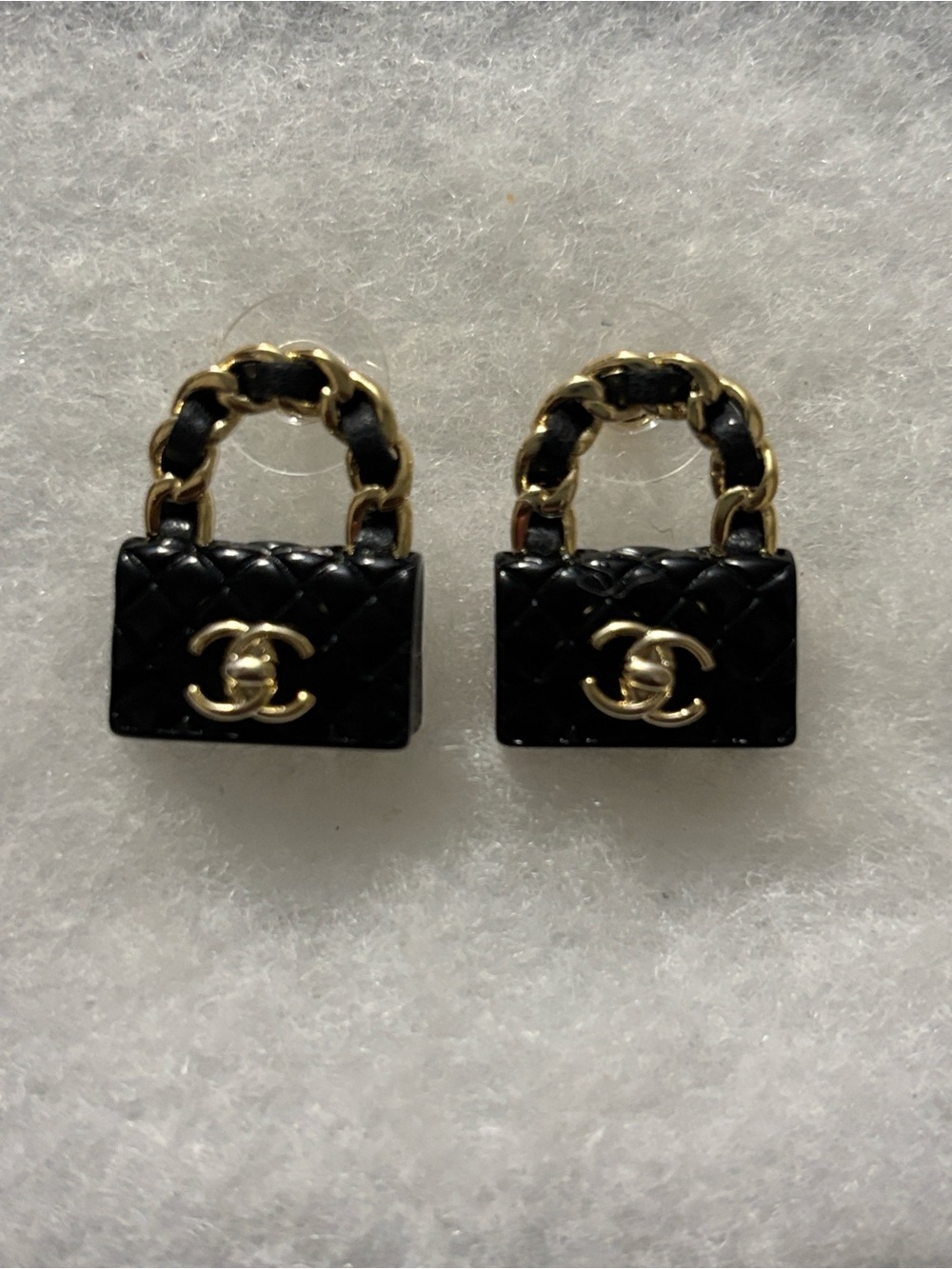 CC Black Quilted Mini Handbag Earrings with Gold Hardware